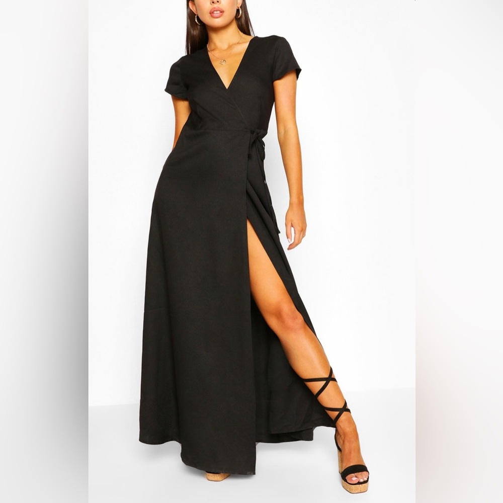 Black Boohoo Plunge Front Tie Wrap Maxi Dress - Also available in Coral